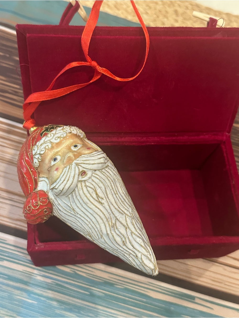 Cloisonné Victorian Handcrafted White & Gold Santa Head Christmas Ornament
